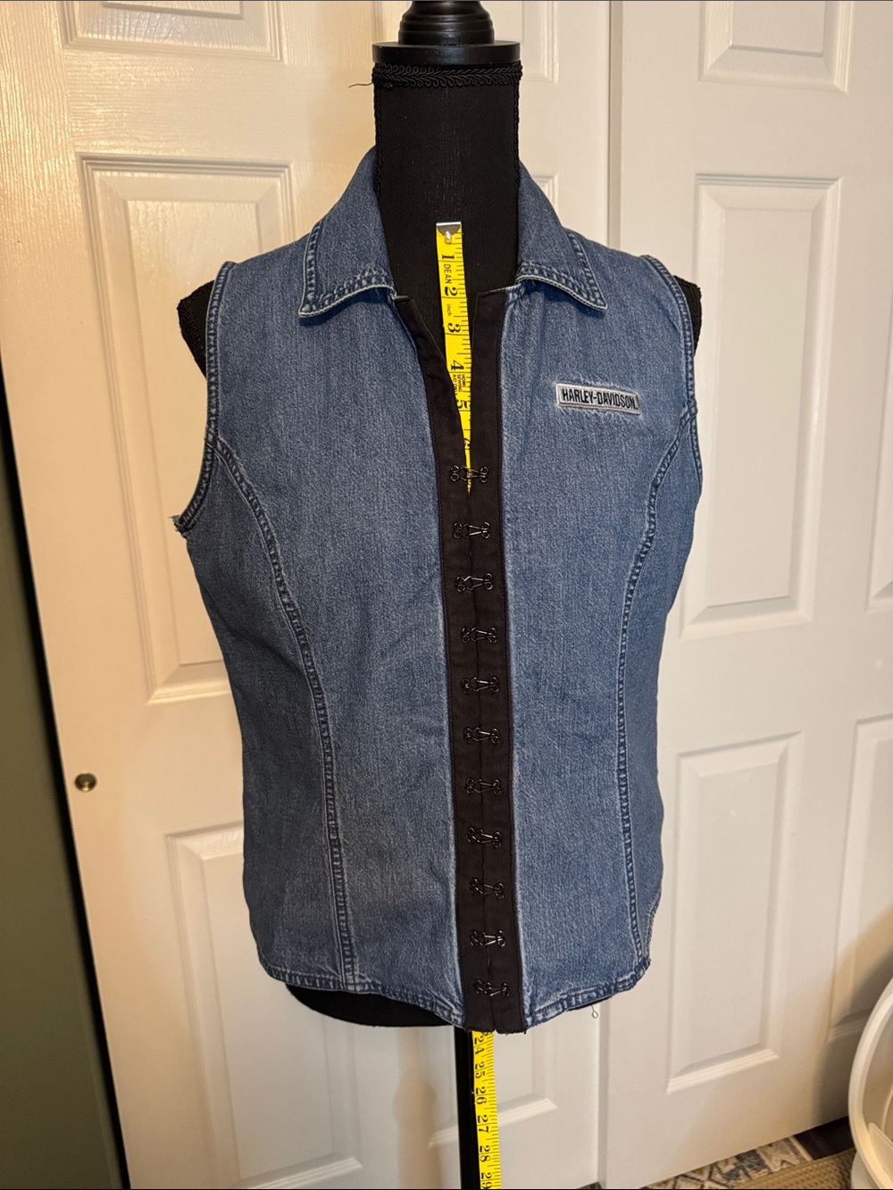 VINTAGE Harley-Davidson Blue Denim Vest with Black Hook Front